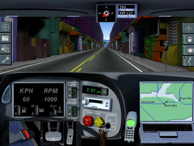 Screenshot of a driving scene, featuring surreal garishly-coloured buildings.