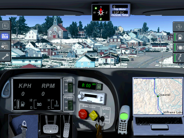 Screenshot depicting the inside of a truck cab parked in a city. The background is a mixture of a real-life photo and CGI, and the truck is CGI.