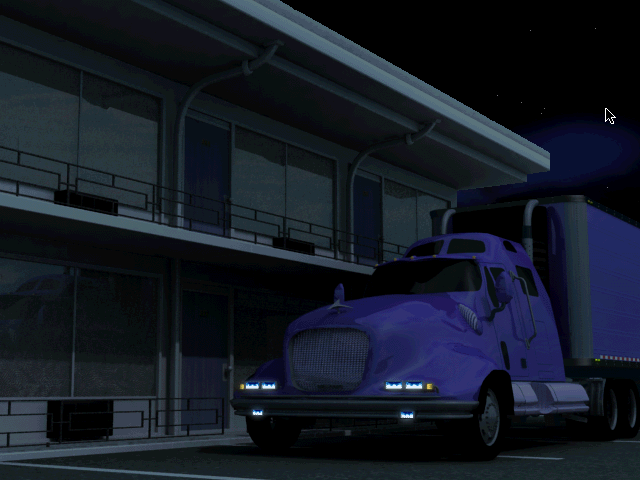 Screenshot of a truck parked next to a motel at night.