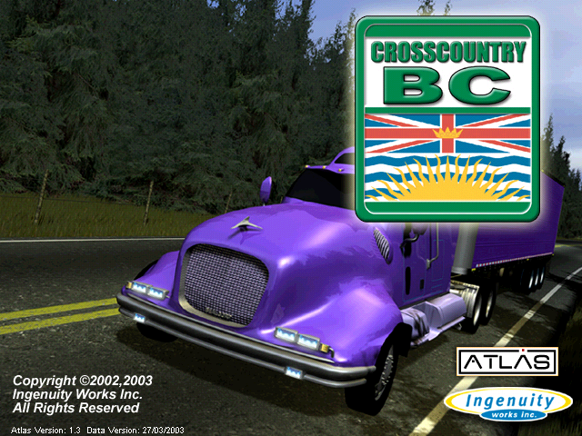 Title screen to Crosscountry BC. It features a CGI image of a truck travelling down the highway and a game logo that incorporates the flag of British Columbia.