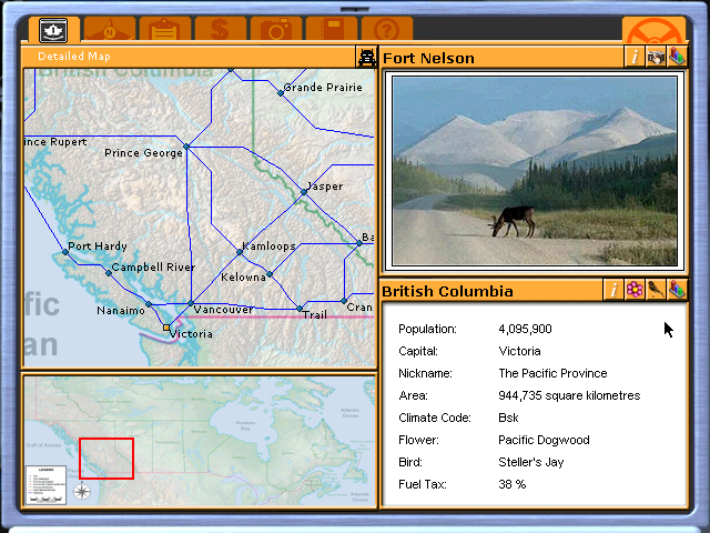 Screenshot of the map in Crosscountry Canada 2, emphasizing that the provincial map is fairly small and almost fits on a single screen.