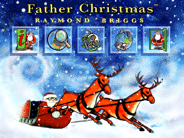 Screenshot of an English title screen. It features Father Christmas in his sleigh being pulled by reindeer and several icons above them.