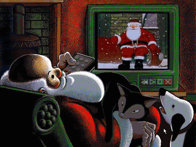 Game screenshot depicting an illustration of Father Christmas curled up on the couch with his pets. A blocky version of the Father Christmas cartoon is on the TV