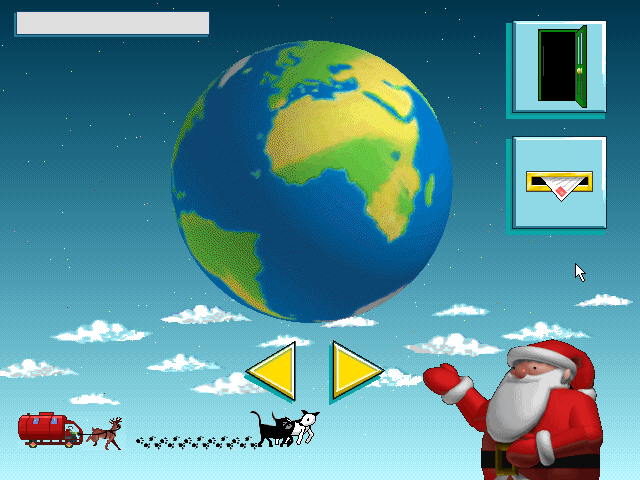 Game screenshot depicting Father Christmas next to a globe, with a dog and cat pulling a sled.