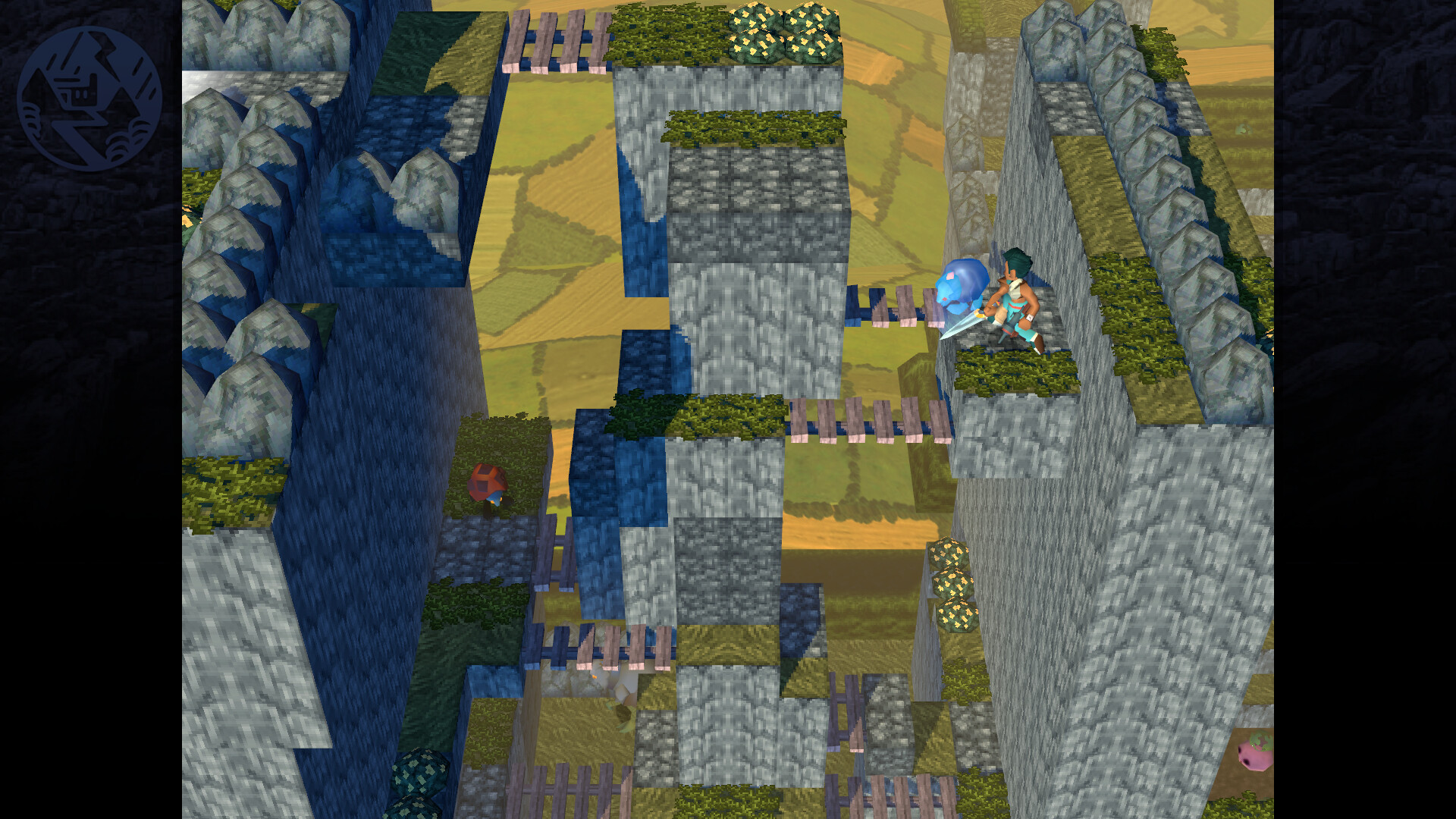 An overhead view screenshot from a 3D game with a low-poly style. The scene is seen from an overhead view, showing a character holding a sword in a surreal ravine.