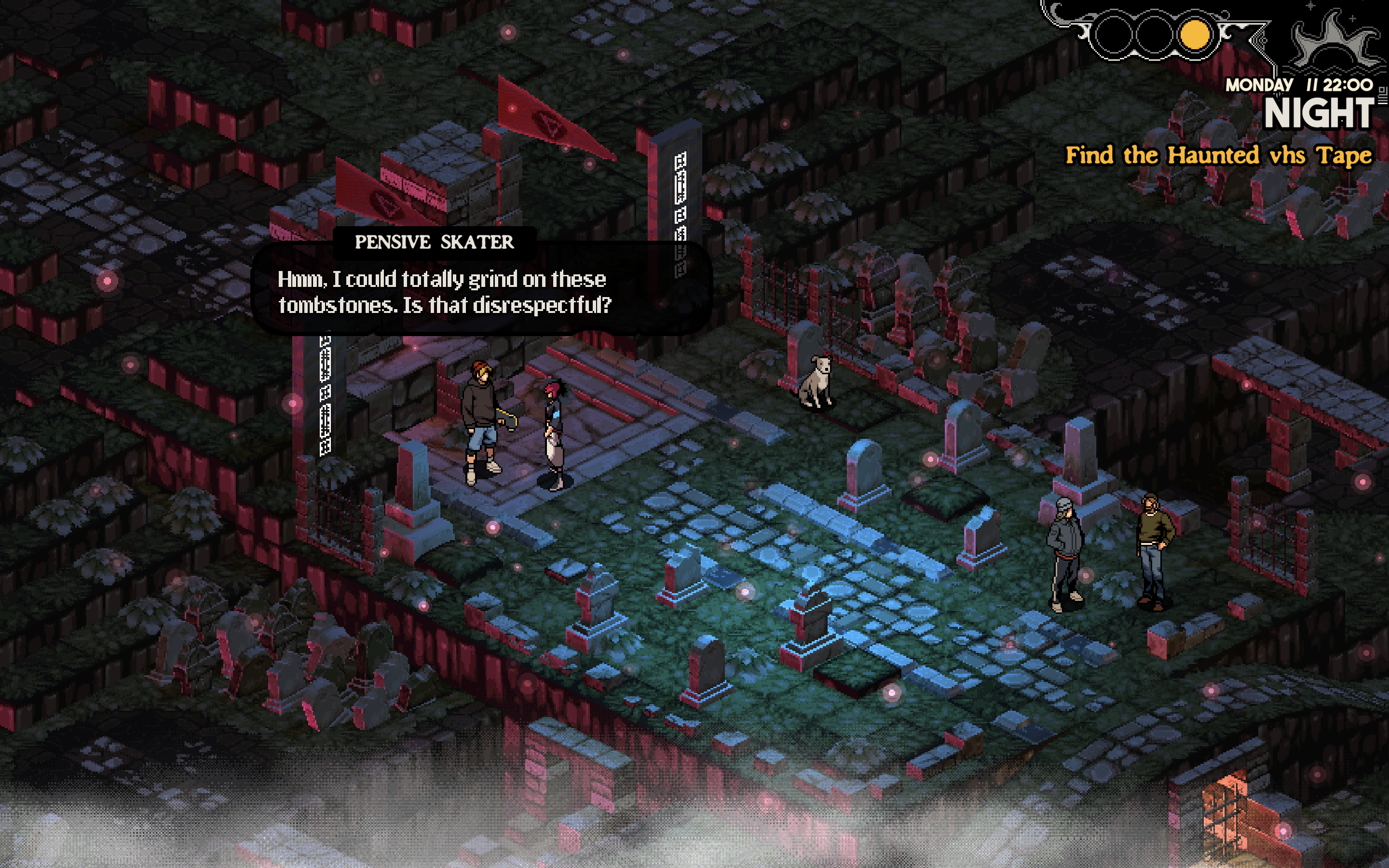 An isometric scene depicting a graveyard with dark colours. A woman with red hair stands next to a man with a skateboard who is saying 'Hmm, I could totally grind on these tombstones. Is that disrespectful?'