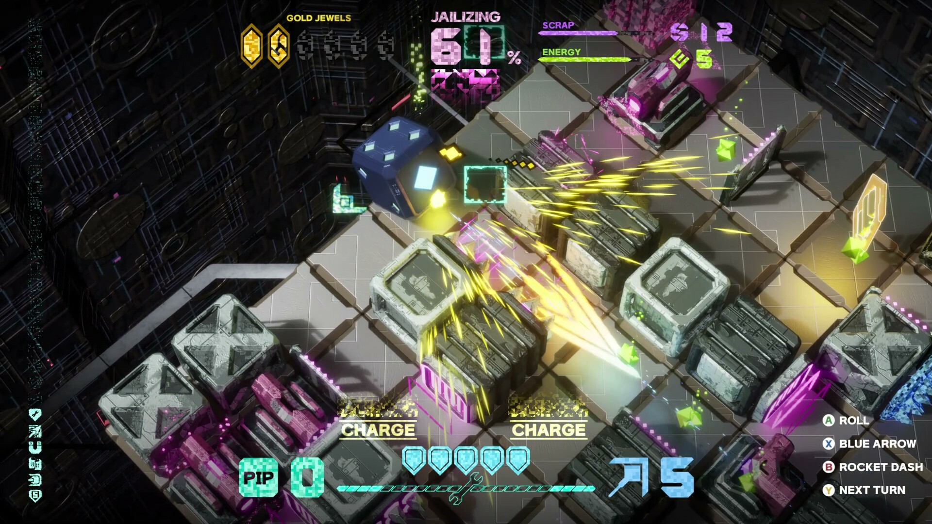 An isometric view of a field of tiles. A die is in the middle of rolling, surrounded by several walls and an explosion effect.