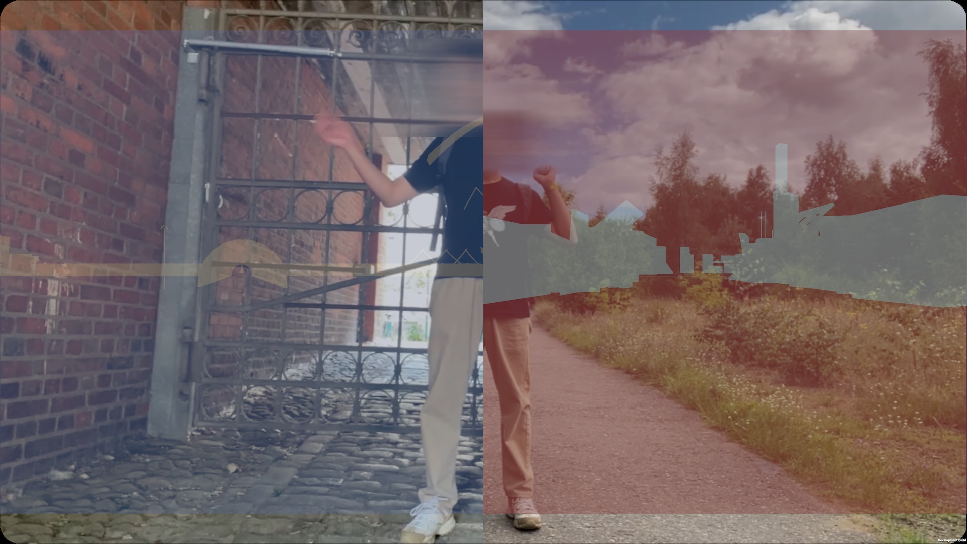 Two half-scenes divided in half at the centre of the screen. Each shows half of a figure standing in a European setting, with a 3D silhouette scene on top.