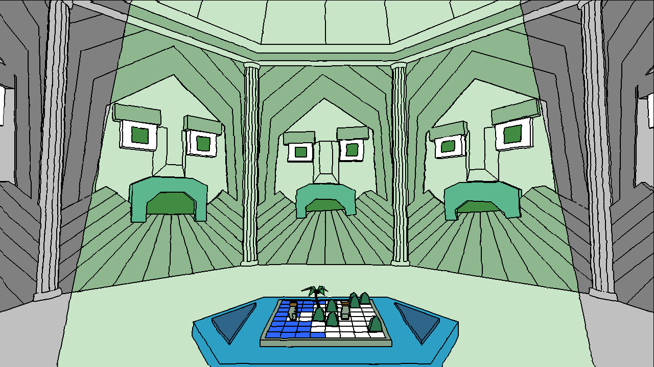 A first-person scene depicting a hallway filled with mural sculptures of human faces. Some sort of interactive sculpture is in the centre. The scene is depicted with simple lines and only a few colours.
