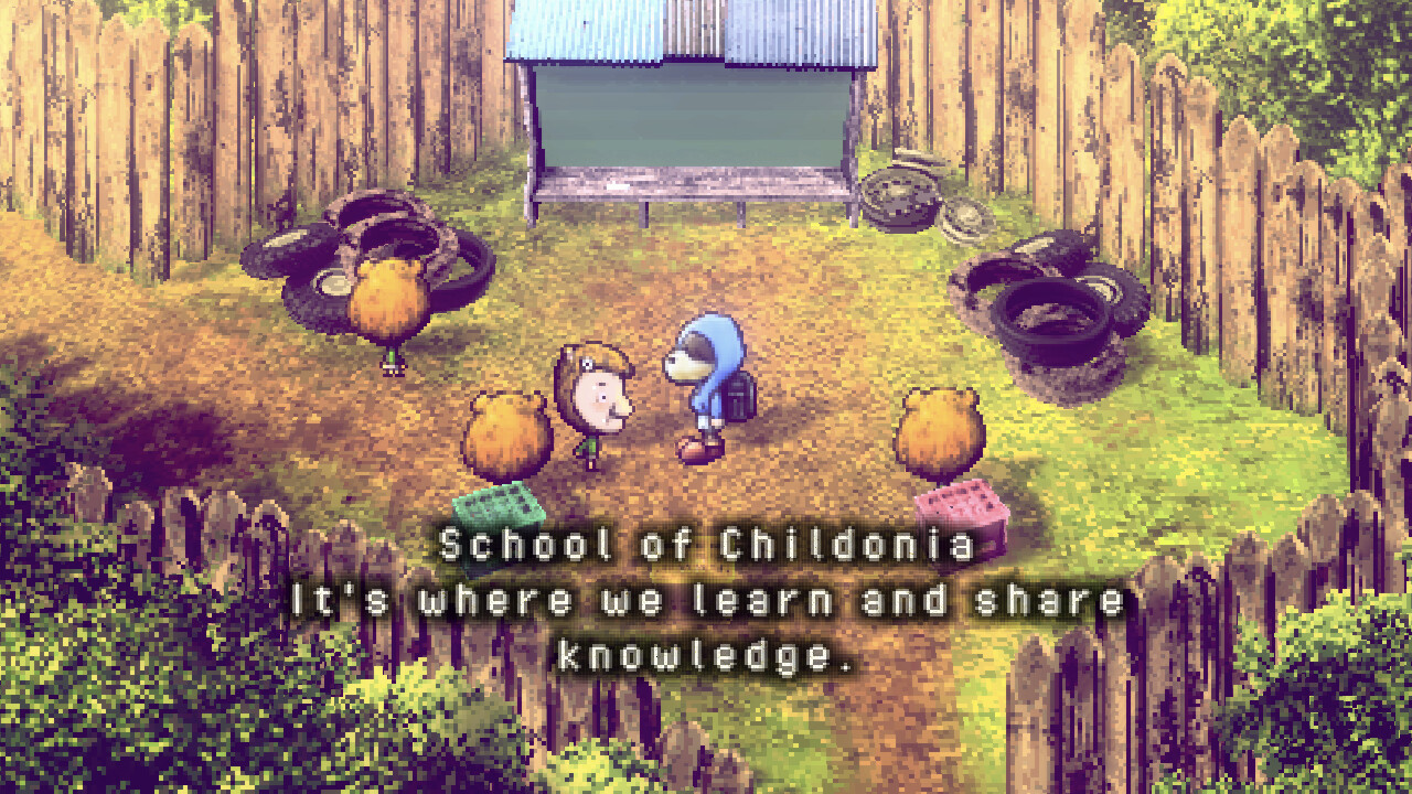 A scene depicting a dog-like character in a hoodie and several children wearing bear hats. Dialogue reads 'School of Childonia - It's where we learn and share knowledge.'