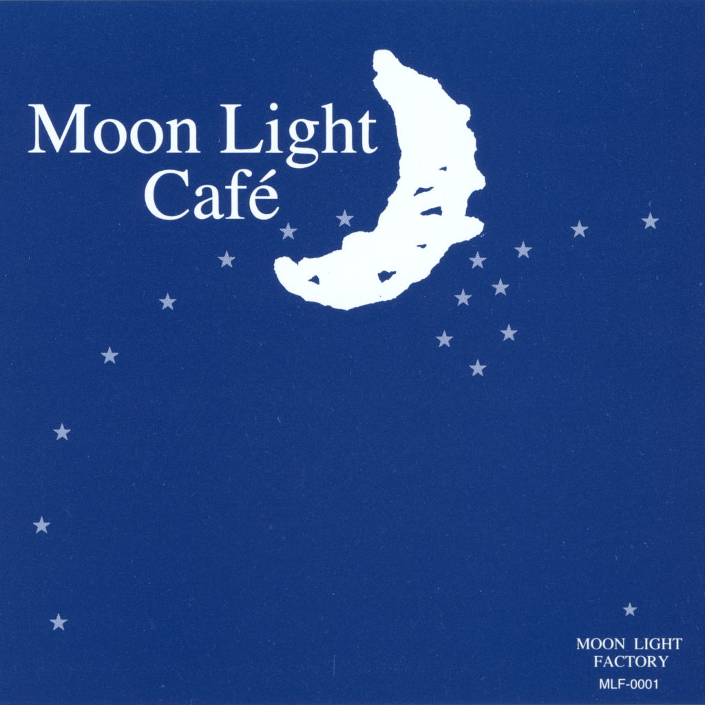 Cover art to the album Moon Light Café, featuring the album's title and a white silhouette of the moon and stars over a plain blue background.