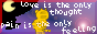 Button with a low-resolution image of Heathcliff the cat and the text Love is the only thought / pain is the only feeling.