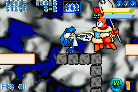 Screenshot of a 2D platformer game. A blue-haired girl with gloves on is kicking a large crustacean enemy.