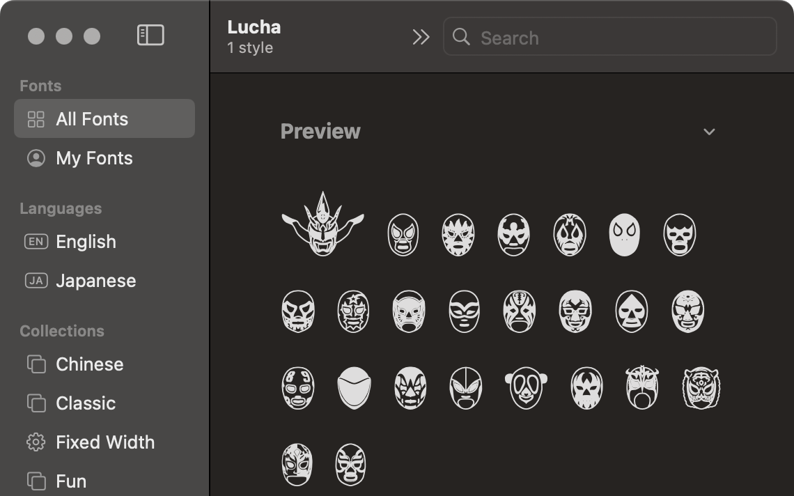 The modern macOS font screen showing the Lucha Doll font