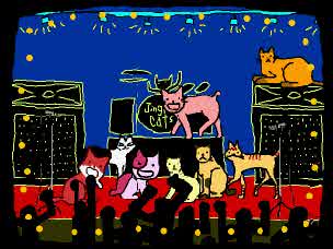 Game screenshot depicting three cats singing with exaggeratedly large heads.