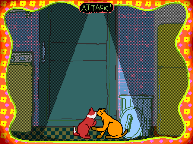 Game screenshot depicting two cartoon cats kissing.