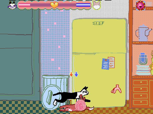 Game screenshot depicting two cats playing with yarn.