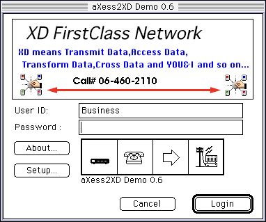 Screenshot of the dial-in UI for FirstClass. It features the XD FirstClass Network slogan - XD means Transmit Data, Access Data, Transform Data, Cross Data and YOU&I and so on...